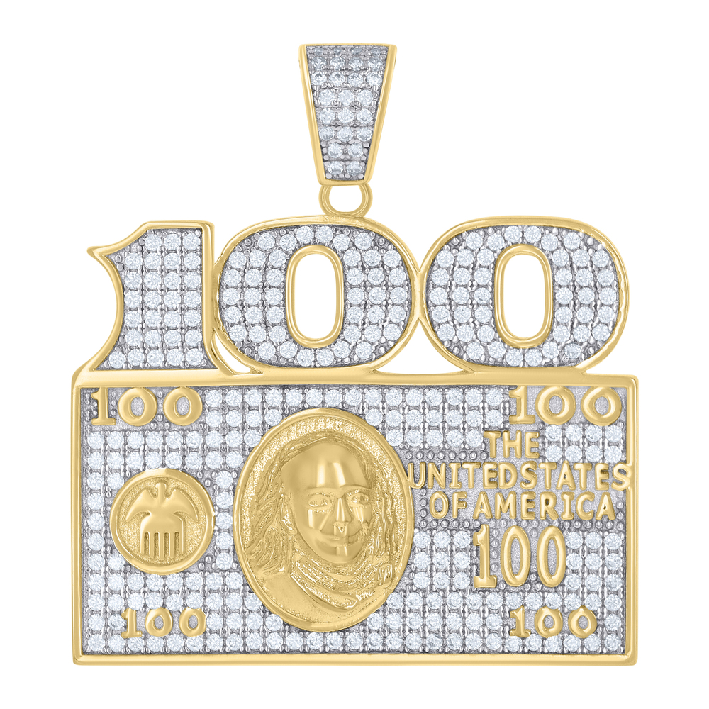 925 Sterling Silver Yellow-tone  CZ 100 Dollar Bill Currency Charm Pendant
